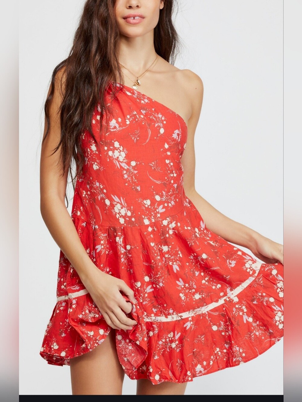 Free People All Mine Linen One Shoulder  Cherry Red 🍒 Floral Mini Dress Sz S